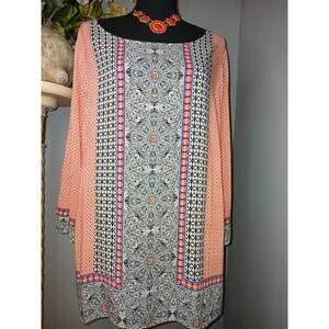 Rose Olive Shirt Dress Womens 1X Orange Black Slit Casual Long Sleeve Boat Neck